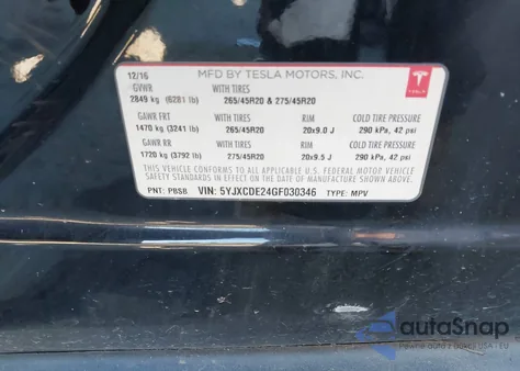 2016 Tesla Model X 60D/70D/75D/90D z USA, uszkodzony, nr VIN 5YJXCDE24GF030346